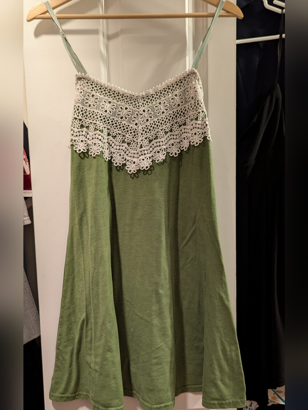 Women’s Green Crochet-Trim A-Line Slip Dress Or Nightshirt